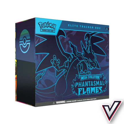 Pokémon Elite Trainer Box packaging with Mega Evolution Phantasmal Flames design on a white background