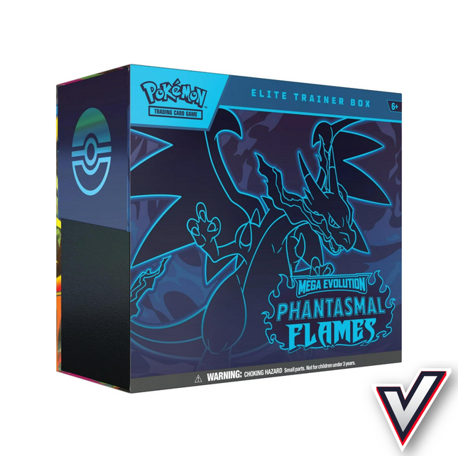 Pokémon Elite Trainer Box packaging with Mega Evolution Phantasmal Flames design on a white background